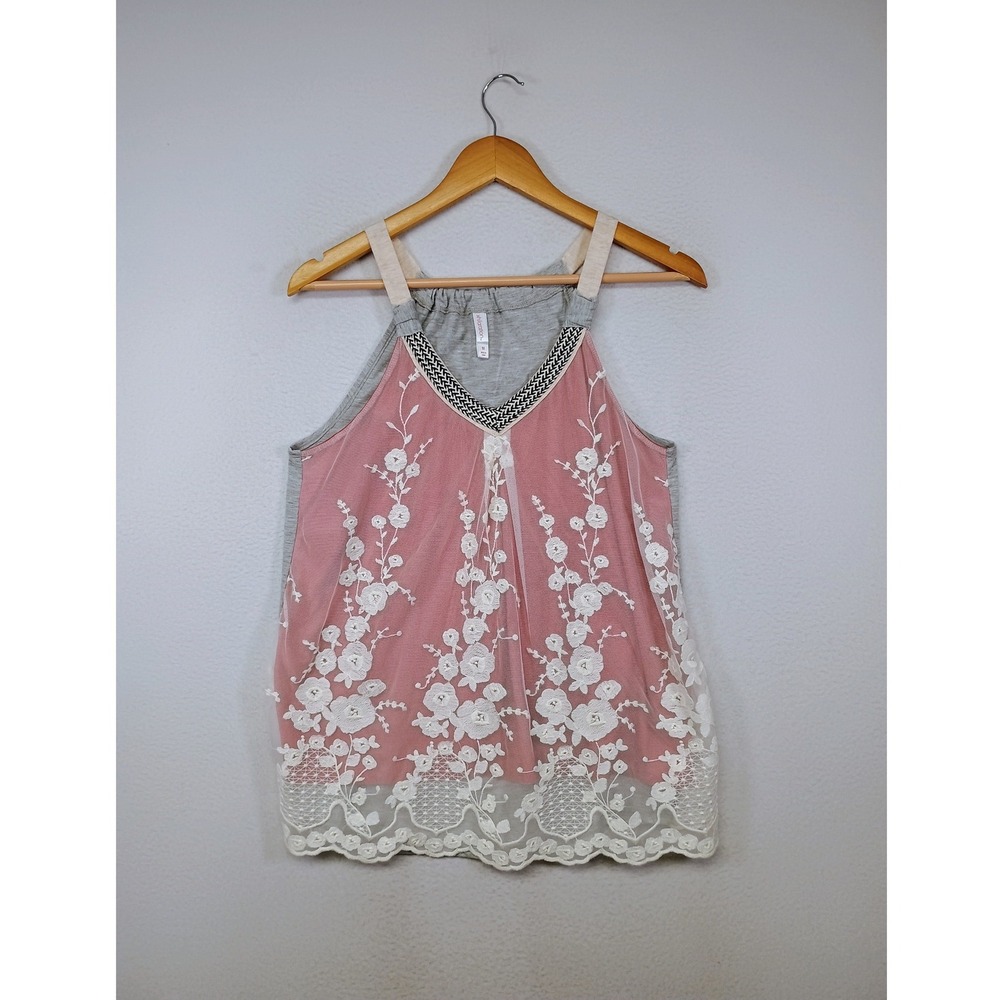 Boho Romantic Xhilaration Womens M Pink Grey Floral Embroidered Mesh Tank Top